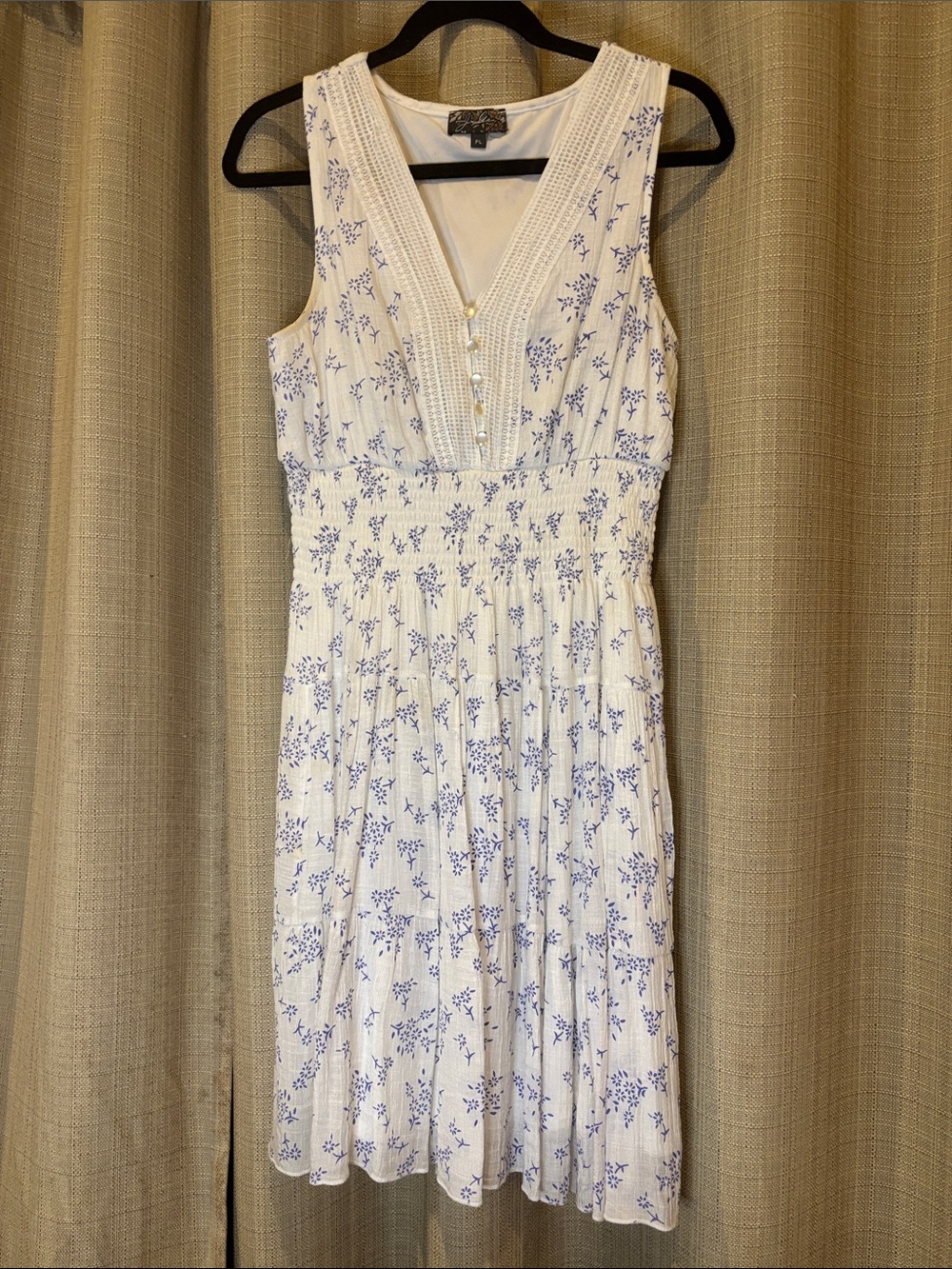 J. Jill White Dress with Blue Floral Print, Smocked Waist